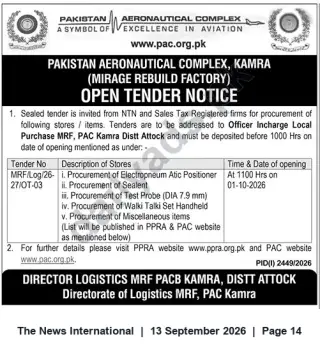 Newspaper clipping: PAC Kamra (Mirage Rebuild Factory) Open Tender for Electropneumatic Positioner, Sealant, Test Probe, Walkie-Talkie & Miscellaneous Items — Tender MRF/LOG/26-271/03, The News International, 13 Sep 2026