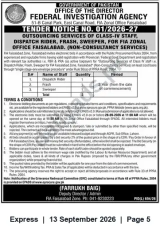 Newspaper clipping: FIA Faisalabad Tender: Outsourcing Class-IV Staff (Dispatch Rider, Frash, Sweeper) — Bid by 2026-09-28, Express, 13 Sep 2026