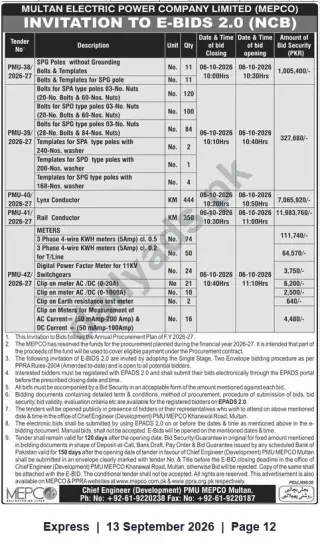 Newspaper clipping: MEPCO Invitation to E-Bids 2.0 (NCB) – Conductors, Poles, Meters & Test Equipment, Express, 13 Sep 2026