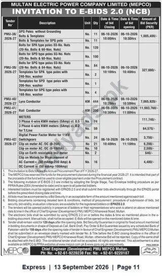 Newspaper clipping: MEPCO Multan Invitation to E‑Bids (06 Oct 2026) – Poles, Conductors, Meters & Switchgear, Express, 13 Sep 2026
