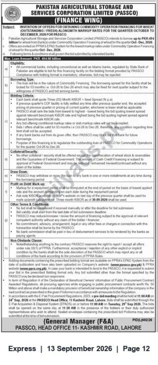 Newspaper clipping: PASSCO Invitation for Commodity Operation Financing (Wheat) — Up to PKR 49.40 Billion, Express, 13 Sep 2026