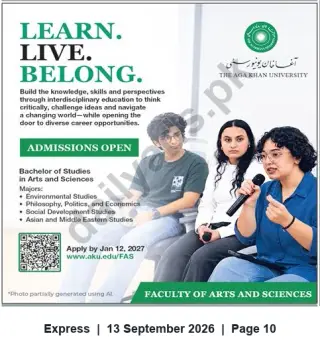 Newspaper clipping: Aga Khan University Faculty of Arts & Sciences — Admissions Open for Bachelor of Studies (Apply by 2027-01-12), Express, 13 Sep 2026