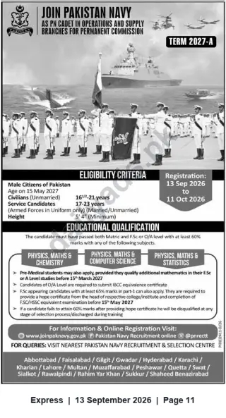 Newspaper clipping: Join Pakistan Navy – PN Cadet (Operations & Supply) Term 2027‑A | Registration 13 Sep to 11 Oct 2026, Express, 13 Sep 2026