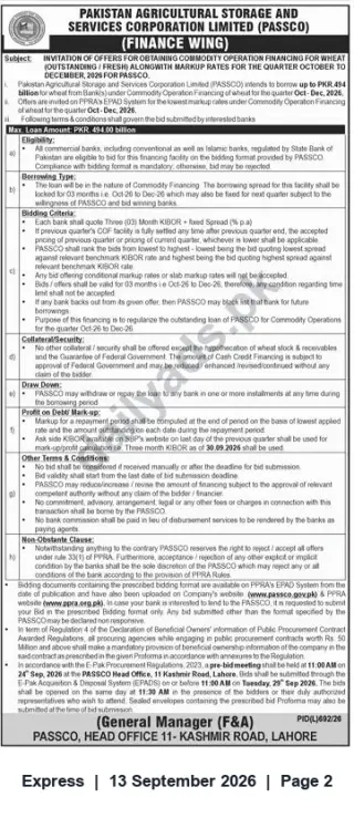 Newspaper clipping: PASSCO Invitation for Offers: Commodity Operation Financing for Wheat (Oct–Dec 2026), Express, 13 Sep 2026