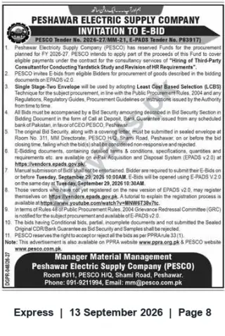 Newspaper clipping: PESCO E-Bid: Third-Party Consultant for Yardstick Study & HR Requirements (Tender No. 2026-27/MM-21, P83917), Express, 13 Sep 2026