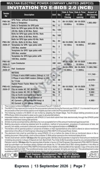 Newspaper clipping: MEPCO Invitation to E-Bids 2.0 — Supply of Poles, Conductors, Meters & Accessories (Closing 2026-10-06), Express, 13 Sep 2026