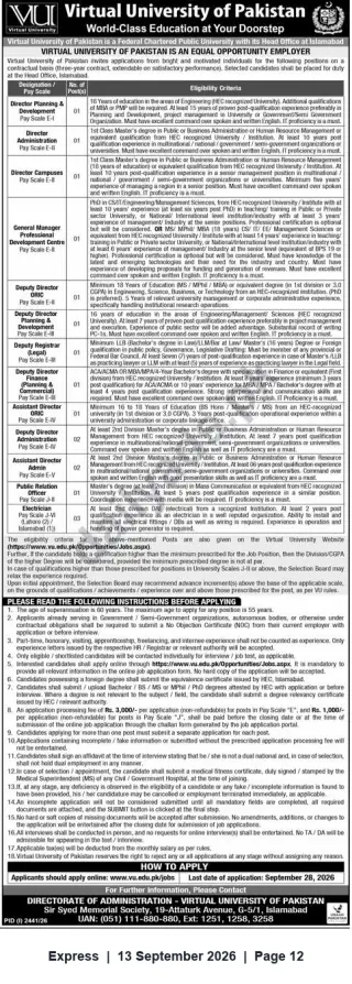 Newspaper clipping: Virtual University of Pakistan — Multiple Senior Management & Professional Vacancies (Islamabad), Express, 13 Sep 2026