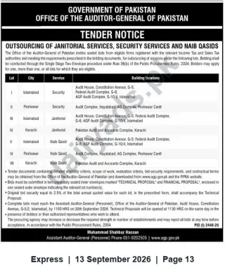 Newspaper clipping: Tender: Outsourcing Janitorial, Security & Naib Qasid Services – Auditor‑General of Pakistan, Express, 13 Sep 2026