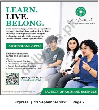 Newspaper clipping: Aga Khan University – Bachelor of Studies in Arts & Sciences Admissions Open, Express, 13 Sep 2026