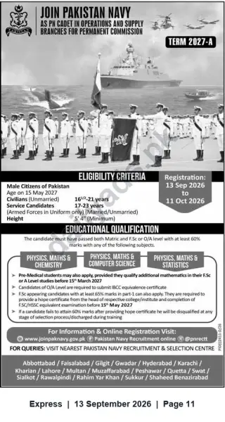 Newspaper clipping: Pakistan Navy PN Cadet Recruitment 2027-A — Operations & Supply (Permanent Commission), Express, 13 Sep 2026