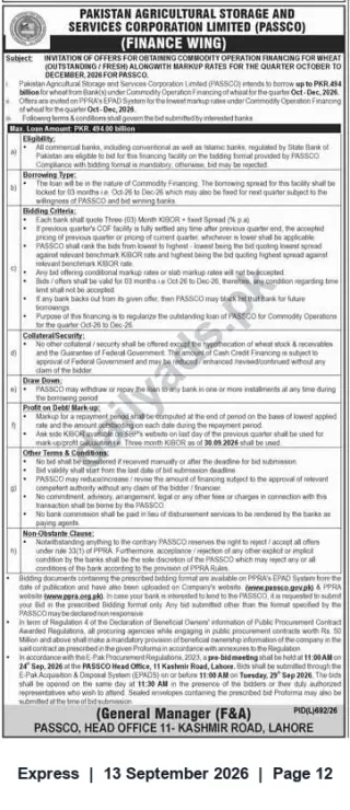 Newspaper clipping: PASSCO Invites Offers for Commodity Financing (Wheat) for Oct–Dec 2026 – Max PKR 494 Billion, Express, 13 Sep 2026
