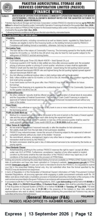 Newspaper clipping: PASSCO Invitation for Commodity Operation Financing (Wheat) — Bids due 2026-09-29, Express, 13 Sep 2026