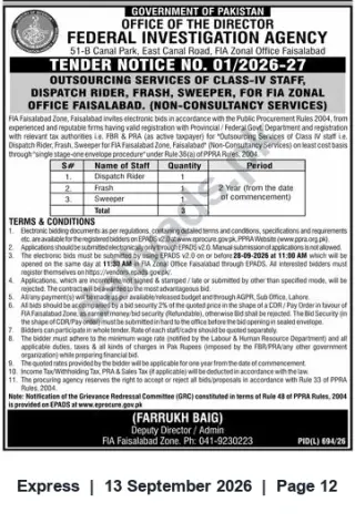 Newspaper clipping: FIA Faisalabad Tender: Outsourcing Class-IV Staff (Dispatch Rider, Frash, Sweeper) — Tender No. 01/2026-27, Express, 13 Sep 2026