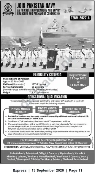 Newspaper clipping: Join Pakistan Navy as PN Cadet (Operations & Supply) – Term 2027-A (Registration 13 Sep–11 Oct 2026), Express, 13 Sep 2026
