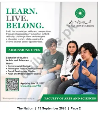 Newspaper clipping: Aga Khan University — Admissions Open: Bachelor of Studies in Arts & Sciences (Apply by 2027-01-12), The Nation, 13 Sep 2026