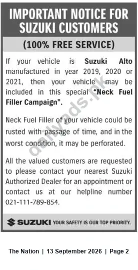 Newspaper clipping: Suzuki Alto 2019–2021 Free Neck Fuel Filler Campaign – Complimentary Inspection & Service, The Nation, 13 Sep 2026
