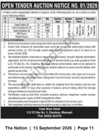 Newspaper clipping: Open Auction Notice – Disposal of Used Oils & Drums, Chashma (29 Sep 2026), The Nation, 13 Sep 2026