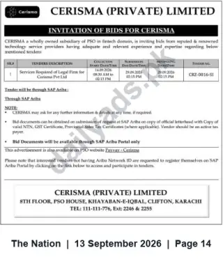 Newspaper clipping: Tender: Legal Firm Services for Cerisma (Private) Limited (Tender No. CRZ-0016-S1), The Nation, 13 Sep 2026