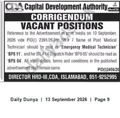 Newspaper clipping: CDA Corrigendum: Corrections to Vacant Positions Advertisement (10 September 2026), Dunya, 13 Sep 2026