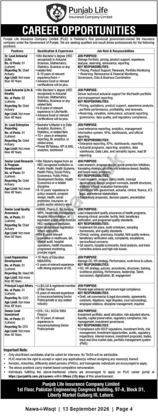 Newspaper clipping: Punjab Life Insurance Company Limited – Career Opportunities (Senior Roles) Lahore, Nawa-i-Waqt, 13 Sep 2026