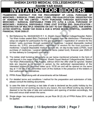 Newspaper clipping: Tender: Framework Contract & Vendor Pre-Qualification for Medicines and Surgical Items — Sheikh Zayed Medical College/Hospital, Rahim Yar Khan, Nawa-i-Waqt, 13 Sep 2026