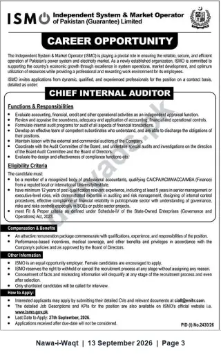 Newspaper clipping: Chief Internal Auditor — Career Opportunity at Independent System & Market Operator (ISMO), Pakistan, Nawa-i-Waqt, 13 Sep 2026