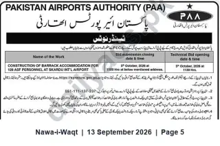 Newspaper clipping: Tender: Construction of Barrack Accommodation for 128 ASF Personnel at Skardu International Airport, Nawa-i-Waqt, 13 Sep 2026