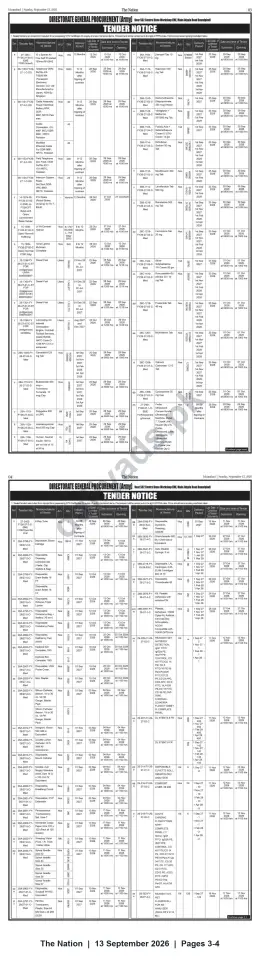 Newspaper clipping: Directorate General Procurement (Army), Rawalpindi — Tender Notice for Supply of Medical, Electrical, Vehicle Spares and Fuels, The Nation, 13 Sep 2026