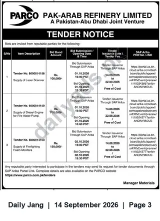 Newspaper clipping: PARCO Tender Notice — Laser Scanner, Diesel Engine (Fire Water Pump), Firefighting Foam Monitors, Jang, 14 Sep 2026
