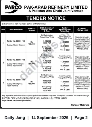 Newspaper clipping: PARCO Tender Notice: Laser Scanner, Diesel Engine for Fire Water Pump, Firefighting Foam Monitors (Oct 2026), Jang, 14 Sep 2026