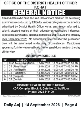 Newspaper clipping: DHO Kohat — Paramedics Candidates: Document Submission & Interview Schedule, Daily Aaj, 14 Sep 2026