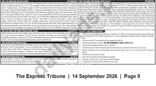 Newspaper clipping: Pakistan Air Force (PAF) — Multiple Sealed Tender Notices for Supply & Repair, The Express Tribune, 14 Sep 2026