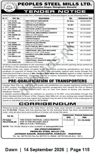 Newspaper clipping: Peoples Steel Mills Ltd. Tender Notice — Supply of Electricals, Electrodes & Machines (Karachi), Dawn, 14 Sep 2026