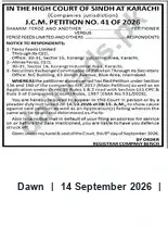 Newspaper clipping: High Court of Sindh at Karachi — I.C.M. Petition No. 41 of 2026, Dawn, 14 Sep 2026
