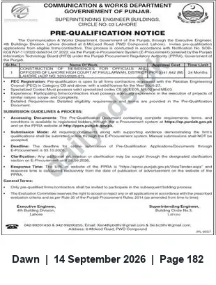 Newspaper clipping: Pre-Qualification Notice — Superintending Engineer Buildings, C&W Department, Lahore, Dawn, 14 Sep 2026