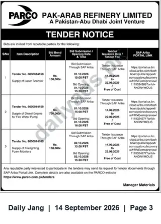 Newspaper clipping: PARCO Tenders: Laser Scanner, Diesel Engine for Fire Water Pump & Firefighting Foam Monitors (Oct 2026), Jang, 14 Sep 2026