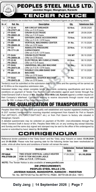 Newspaper clipping: Peoples Steel Mills Ltd. Tender Notice — Supply of Electrical, Machinery & Consumables (Various Lots), Jang, 14 Sep 2026