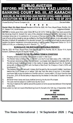 Newspaper clipping: Court-Ordered Public Auction: Flat No. 023, Royal Plaza, North Karachi, The News International, 14 Sep 2026