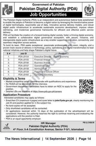 Newspaper clipping: Pakistan Digital Authority (PDA) Careers — Executive Director & 6 Professional Positions in Islamabad, The News International, 14 Sep 2026