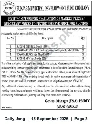 Newspaper clipping: PMDFC Invites Offers to Evaluate Market Prices for Vehicles (Reserve Price Assessment), Jang, 15 Sep 2026