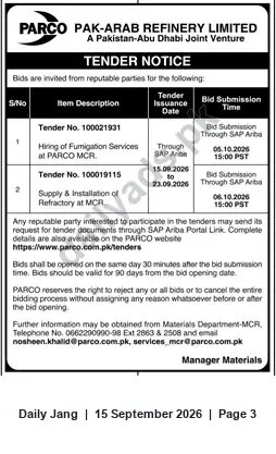 Newspaper clipping: PARCO Tender Notice — Fumigation Services and Refractory Supply & Installation at MCR, Jang, 15 Sep 2026