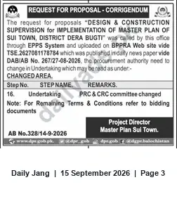 Newspaper clipping: Corrigendum: RFP for Design & Construction Supervision — Master Plan Sui Town (Dera Bugti), Jang, 15 Sep 2026