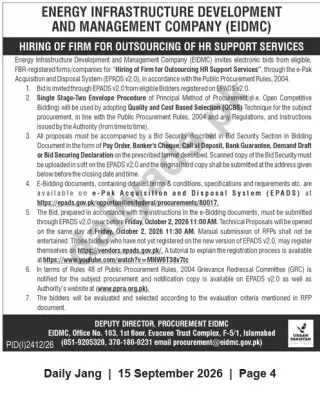 Newspaper clipping: EIDMC Tender: Hiring Firm for Outsourcing HR Support Services (EPADS v2.0) — Closing 2026-10-02, Jang, 15 Sep 2026