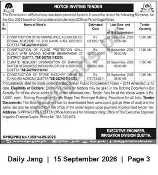Newspaper clipping: Irrigation Division Quetta - Notice Inviting Tenders for Flood Protection, Drainage & Water Resources Works (Bid Deadline 2026-09-28), Jang, 15 Sep 2026