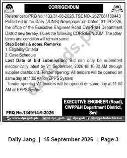 Newspaper clipping: Corrigendum: Tender PRQ No.1133 / TSE No.2627081180443 — Executive Engineer (Road), CWPP&H, District Sevi, Jang, 15 Sep 2026