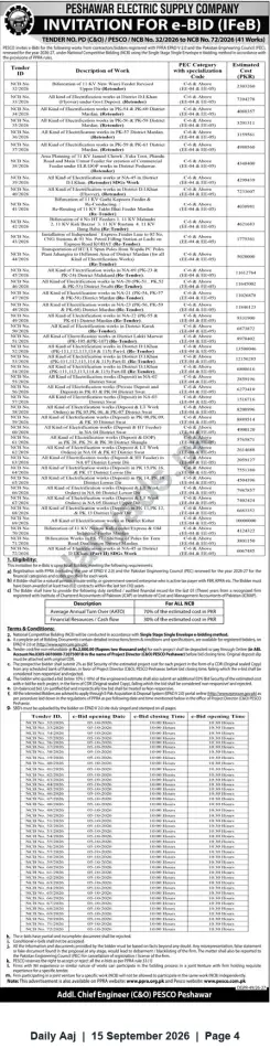 Newspaper clipping: PESCO Invitation for e-Bids (NCB Nos. 32/2026–72/2026) — 41 Electrical Works, Daily Aaj, 15 Sep 2026