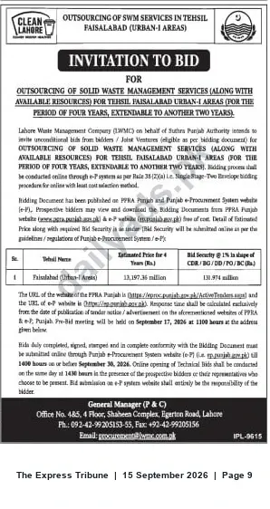 Newspaper clipping: Tender: Outsourcing Solid Waste Management Services — Tehsil Faisalabad (Urban‑I), The Express Tribune, 15 Sep 2026