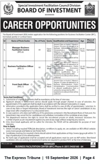Newspaper clipping: BOI Career Opportunities — Manager, Business Facilitation Officer & Front Desk Officer (Islamabad), The Express Tribune, 15 Sep 2026