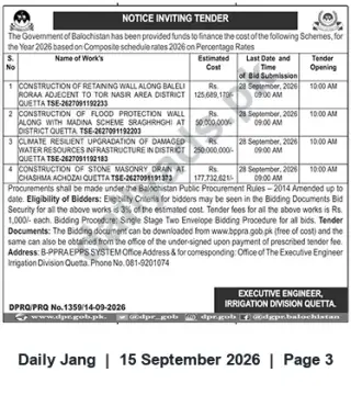 Newspaper clipping: Notice Inviting Tenders — Irrigation Division Quetta (28 September 2026), Jang, 15 Sep 2026