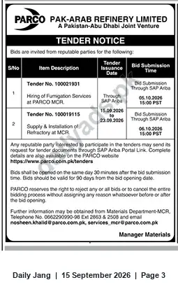 Newspaper clipping: PARCO Tender Notice: Fumigation Services & Refractory Supply (Bid Deadlines Oct 2026), Jang, 15 Sep 2026